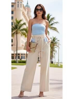 AUTH Saint Laurent Rive Gauche Tie-Waist Trousers – Cream/Blue VTG FR 36 Flaw